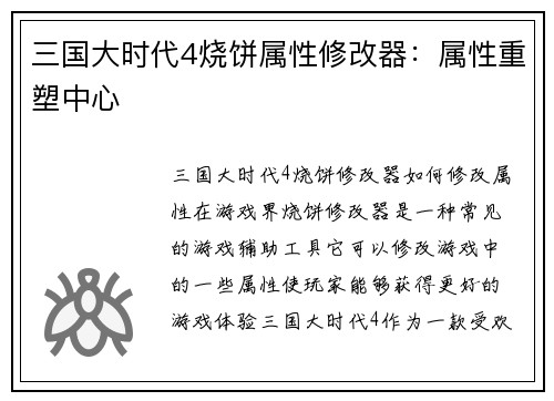 三国大时代4烧饼属性修改器：属性重塑中心
