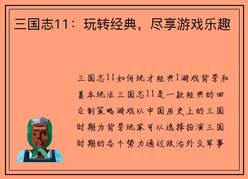 三国志11：玩转经典，尽享游戏乐趣